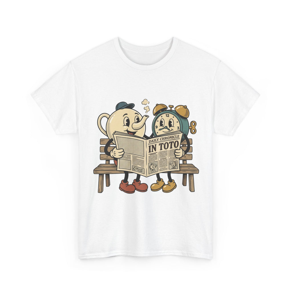 Vintage Cartoon Cup and Alarm Clock Reading Newspaper T-Shirt | Retro Illustration