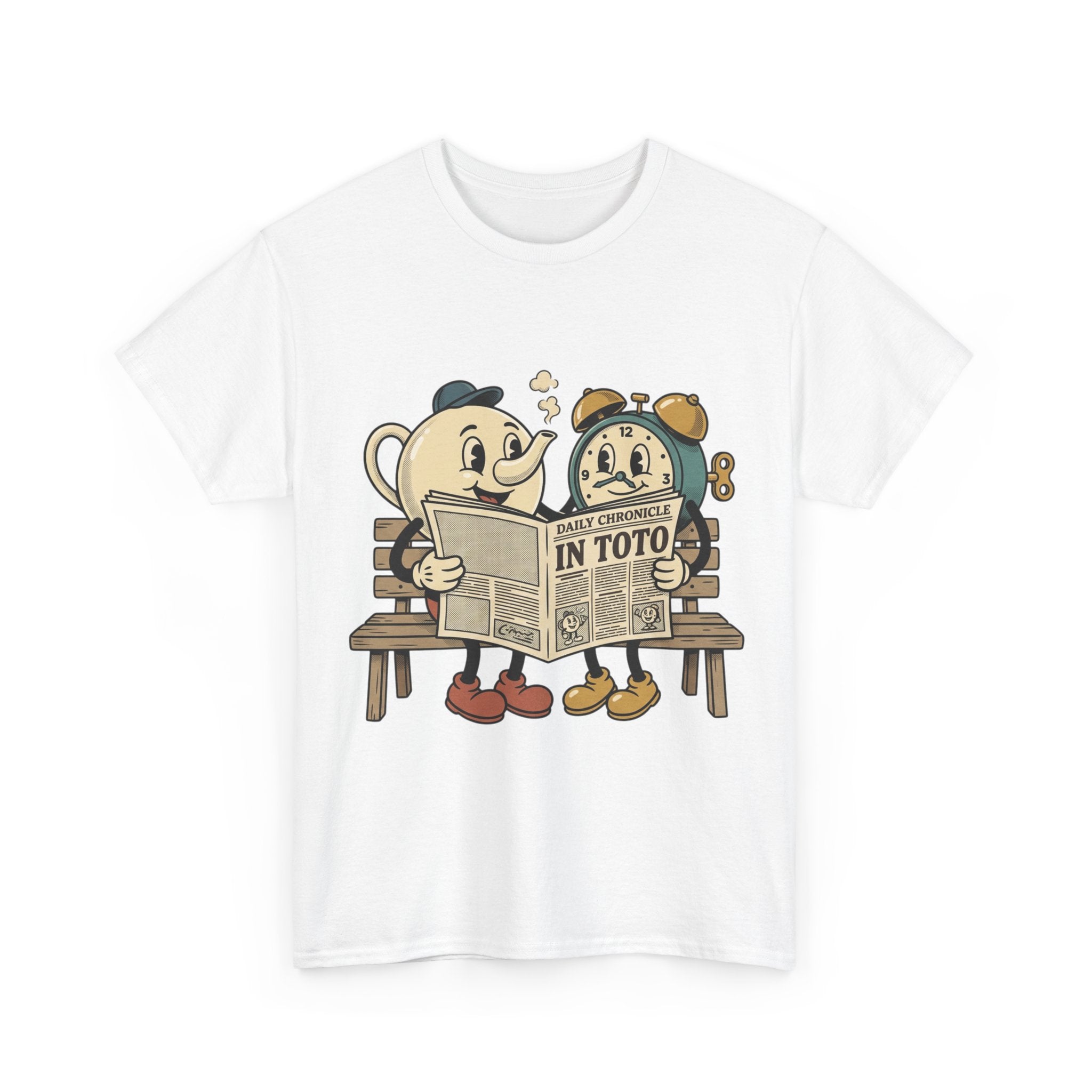 Vintage Cartoon Cup and Alarm Clock Reading Newspaper T-Shirt | Retro Illustration