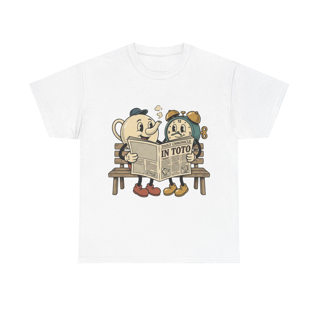 Vintage Cartoon Cup and Alarm Clock Reading Newspaper T-Shirt | Retro Illustration