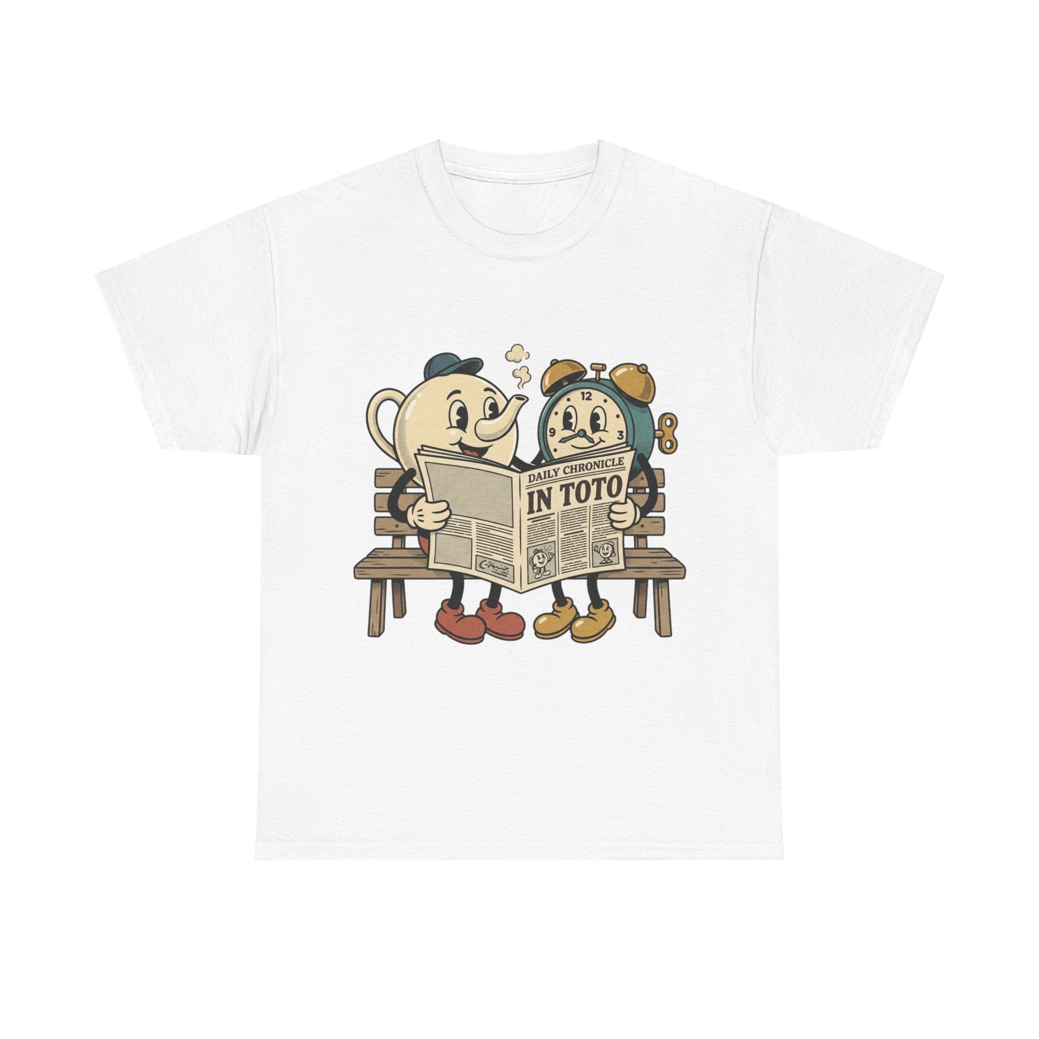 Vintage Cartoon Cup and Alarm Clock Reading Newspaper T-Shirt | Retro Illustration